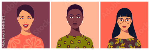 Set of young women. Abstract female portrait, full face. Avatar of girl for social networks. Stock vector illustration in flat style.