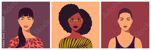 Set of young women. Abstract female portrait, full face. Avatar of girl for social networks. Stock vector illustration in flat style.