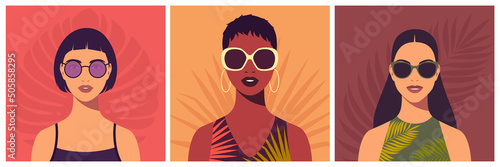 Set of young women with sunglasses. Abstract female portrait, full face. Avatar of girl for social networks. Stock vector illustration in flat style.
