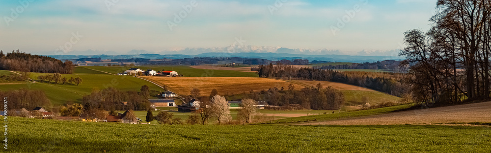 High resolution panorama with the alps (about 100 km distance) at Irgenoed, Ortenburg, Bavaria, Germany