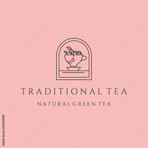 traditional tea natural green tea line art logo vector symbol illustration design