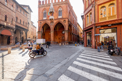Street view of the old town in Bologna city during the morning time. Traveling Italy concept photo