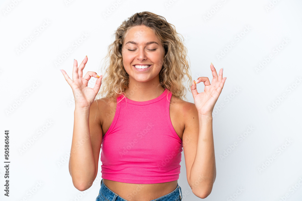 Girl with curly hair isolated on white background in zen pose