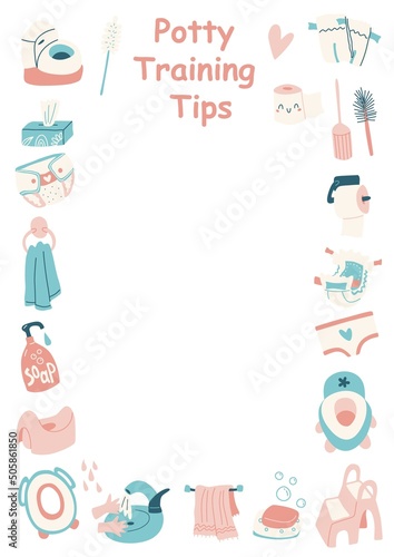 Potty training tips frame with bathroom elements. Vector set.