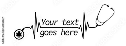 Abstract stethoscope with heart rate, ekg line, place for text isolated on white background. Healthcare symbol to use in health industry, cardiology, medical care, hospital, health science projects.
