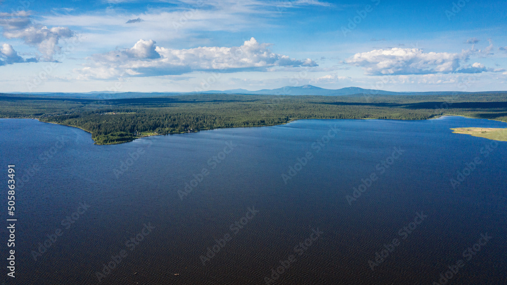 Southern Urals, Ural Mountains. Zyuratkul National Park, Zyuratkul Lake. Aerial view.