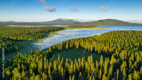 Southern Urals, Ural Mountains. Zyuratkul National Park, Zyuratkul Lake. Aerial view. photo