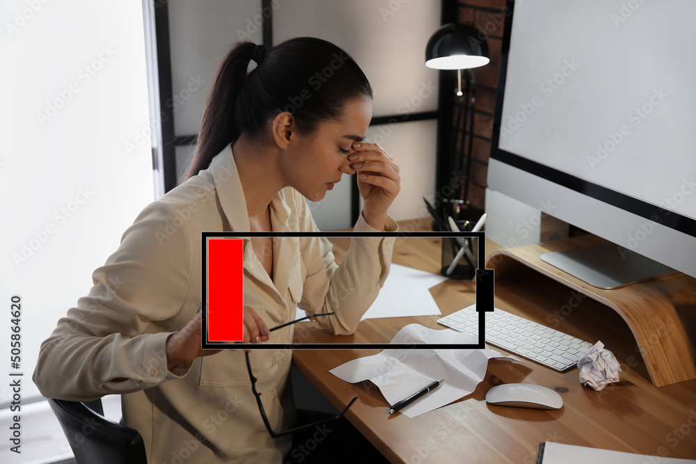 Ταπετσαρία Illustration of discharged battery and tired woman at workplace in office