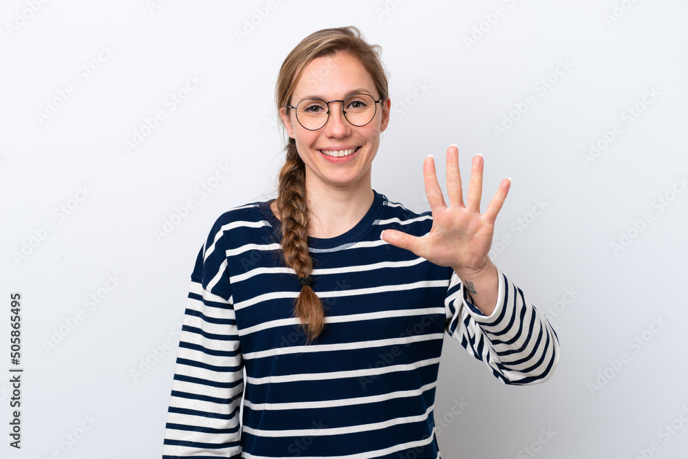 Young caucasian woman isolated on white background counting five with fingers Young caucasian woman isolated on white background counting five with fingers