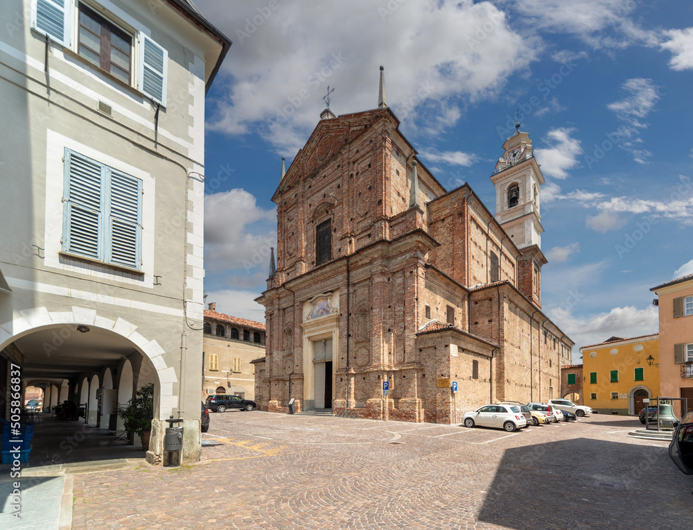 Carrù, Piedmont, Italy - May 17, 2022: parish church of Maria Vergine Assunta (Virgin Mary of the Assumption) in Piazza Caduti per la liberazione