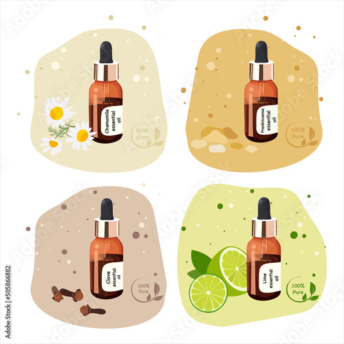 Set with essential oils of chamomile, frankincense, lime and clove