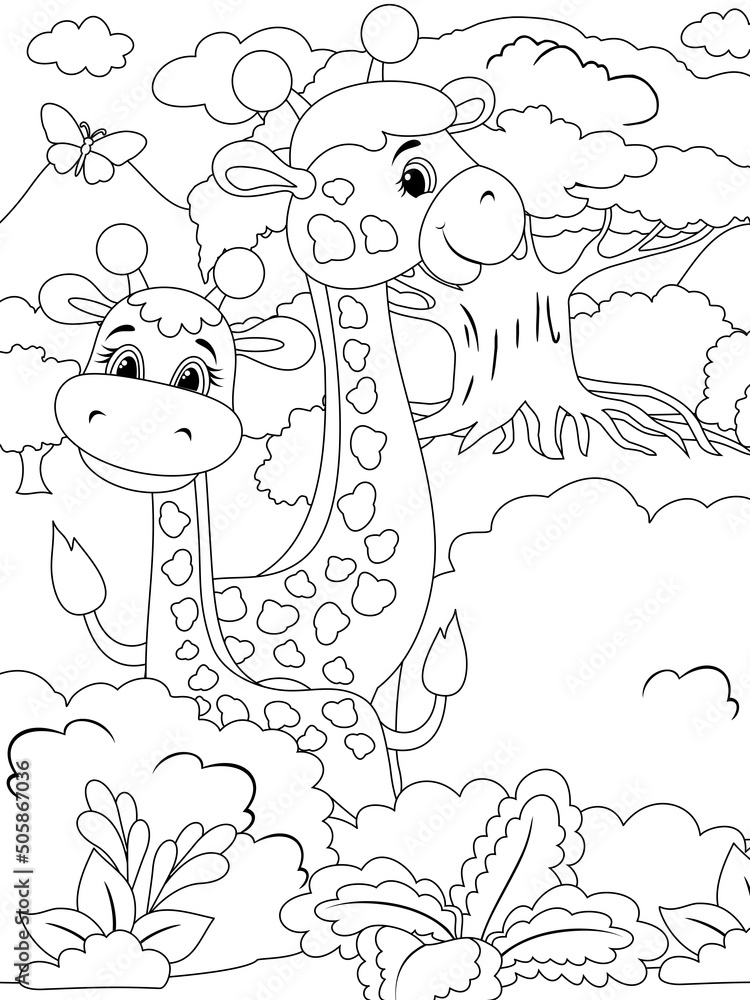 Giraffe family. Animals cartoon. Coloring page outline of cartoon