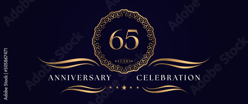 65 years anniversary celebration with elegant circle frame isolated on dark blue background. 65 years Anniversary logo. Vector design for greeting card, birthday party, wedding, event party, ceremony.