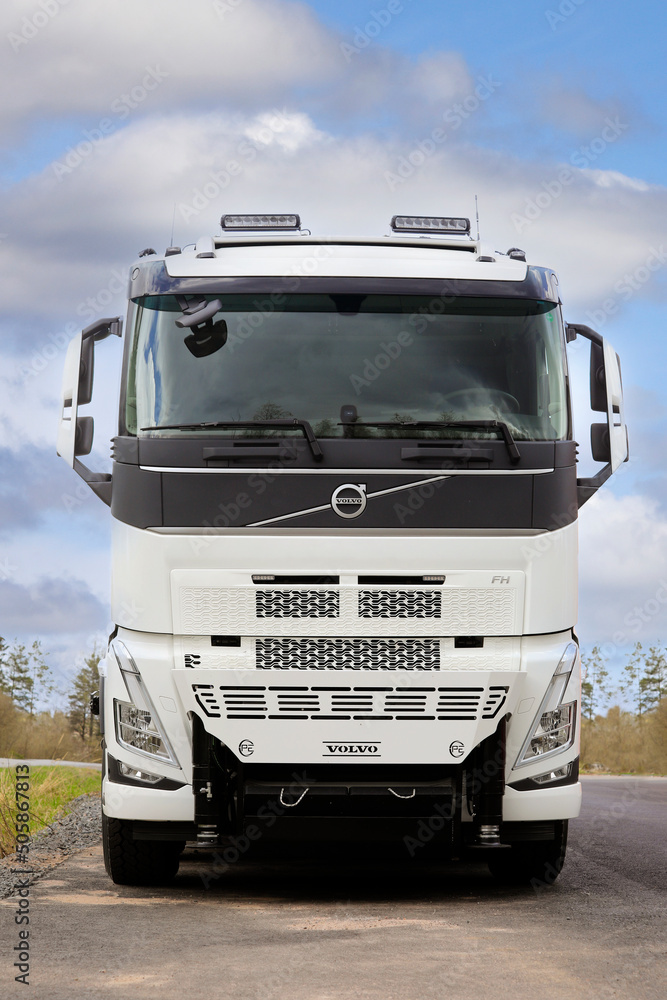 New, white Volvo FMX heavy duty truck for construction parked on a yard.  Front view, detail. Forssa, Finland. June 10, 2022 Stock Photo - Alamy