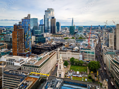 The aerial view of skyscrappers of the City of London in summer