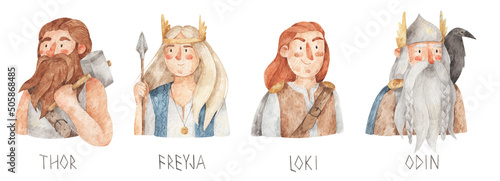 Norse mythology, gods and goddess - Thor, Freya, Loki, Odin. Watercolor hand-drawn illustration. Scandinavian gods