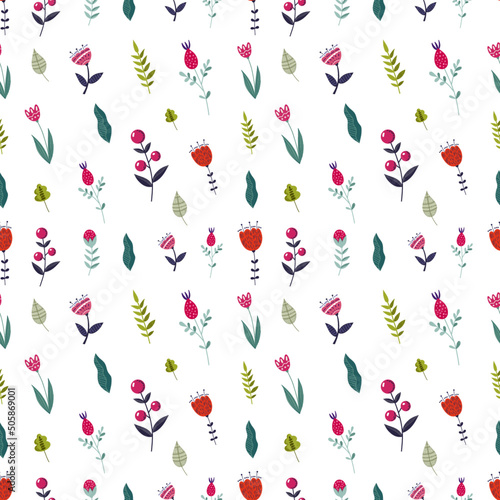 Cute vector seamless pattern with colorful flowers in folk style