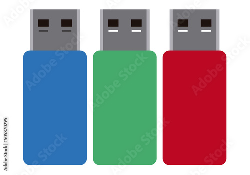 Tres usb de color azul, verde y rojo.