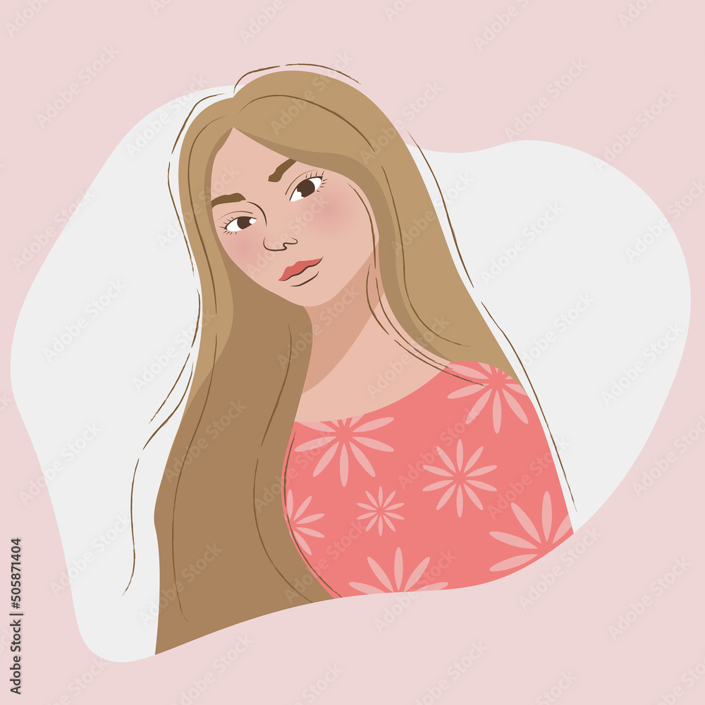girl with long blond hair in a pink sweater with flowers girl with long blond hair in a pink sweater with flowers