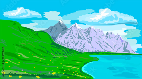 Green meadows, lake, with mountains landscape. Cartoon panorama of spring and summer nature, green meadows meadows with flowers, picturesque blue lake, mountains. Mountain lake landscape vector