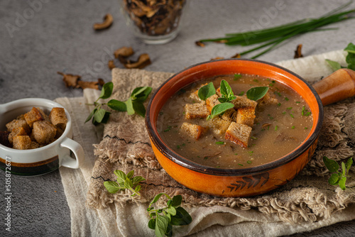 Mushroom soup with crispy pastry