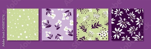 Set of abstract floral seamless patterns with flowers and leaves. Fashionable hand-drawn textures. Modern abstract design for paper, cover, fabric and other users