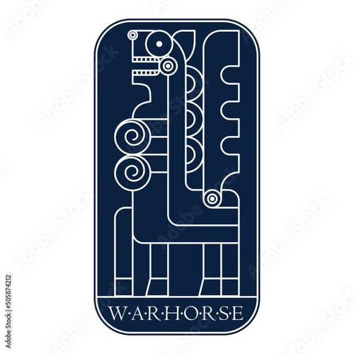 Winged warhorse with a metal breastplate. Dark blue manuscript card
