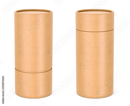 Pair of paper tubes, cardboard containers with paper caps for cosmetic packaging isolated on white