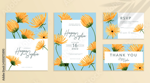 Wedding invitation card set template with beautiful yellow flowers and leaves watercolor in blue background.