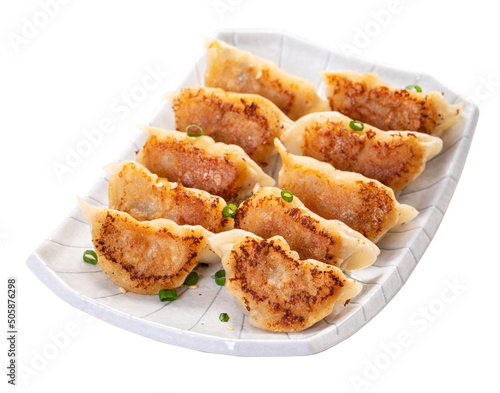 Pan-fried gyoza dumpling jiaozi in a plate isolated on white background.