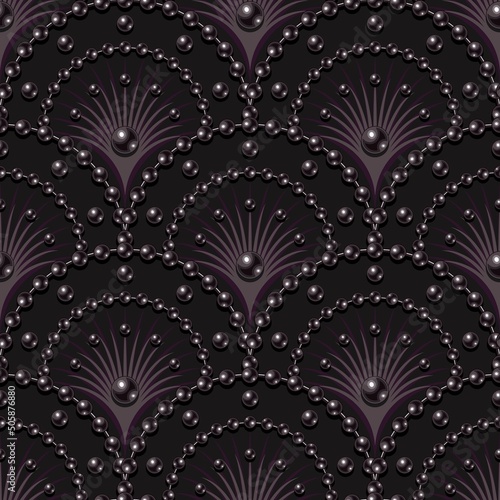 Seamless dark lilac pattern with fan shaped grid, string of pearl bads, thin rays inside of grid cell. Classic luxury background. Vector