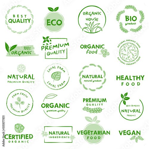 Organic food, natural food and healthy life product logos, icon, badges and stickers.
