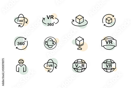 Virtual reality set icon. Augmented reality, box, 360 degree view, 3d glasses, helmet, vr text. VR head-mounted concept. Glassmorphism style. Vector line icon for Business and Advertising
