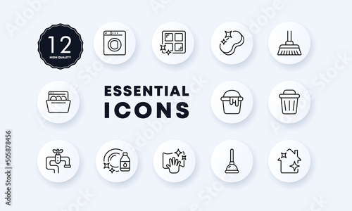 Home cleanliness set. Detergent, mop, dishwasher, wastebasket, plunger, faucet, gloves, etc. General cleaning concept. Neomorphism style. Vector line icon for Business and Advertising
