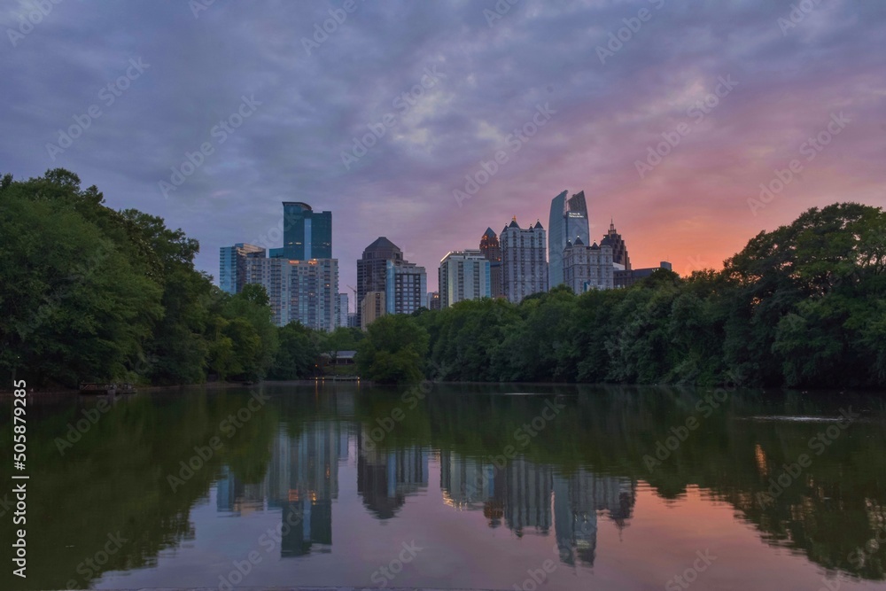 Midtown Atlanta sunset reflection on lake 