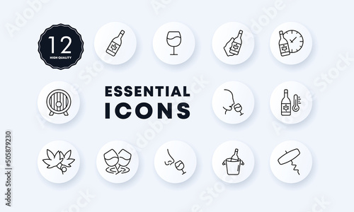 Rest set icon. Alcohol, wine, champagne, cognac, booze, corkscrew, glass, cannabis, marijuana, degree. Celebration concept. Neomorphism style. Vector line icon for Business and Advertising
