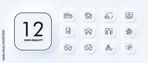 Automobile set icon. Car wash, service station, polishing, replacement, rental, garage, recycling, etc. Car care concept. Neomorphism style. Vector line icon for Business and Advertising