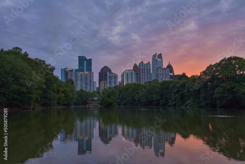 Midtown Atlanta sunset reflection on lake 