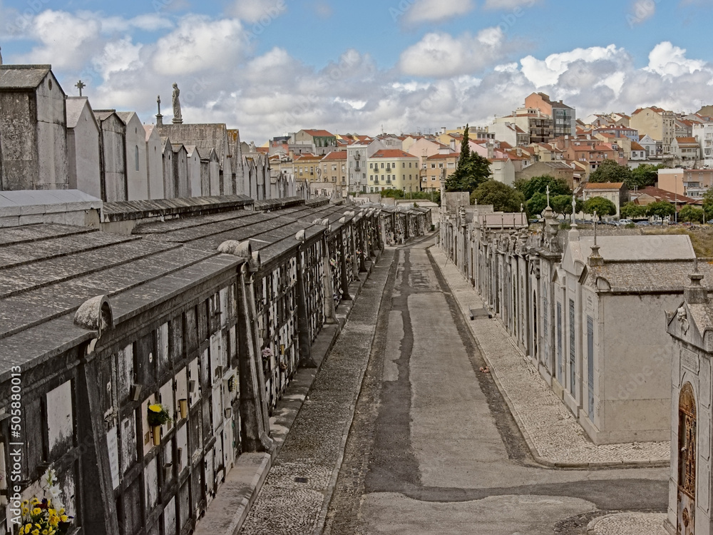 Φωτογραφία Old graves in Alto de Sao Joao cemetery, with city of Lisbon in the distance