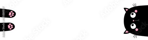 Cat face head silhouette. Pink paw print. Black kitten. Funny line banner. Cute kawaii animal. Notebook cover. Sticker print. Cartoon pet baby character. Flat design. White background.