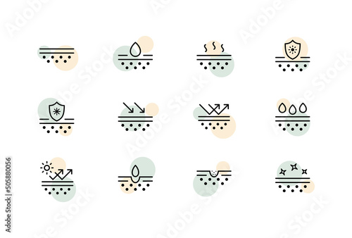 Skin hydration set icon. Skin care cream, sunscreen, pore cleaning, acne protection. Moisturizing the skin. Vector line icon for Business and Advertising