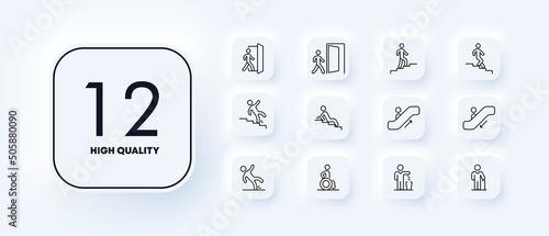 Warning signs set icon. Entrance, exit, ascent, descent, escalator, slippery floor, ramp, trash can, etc. Signs for premises concept. Neomorphism style. Vector line icon for Business and Advertising