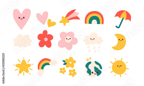 Set of cute doodle clipart vector illustration. Colorful decorative element