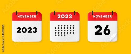 Calendar set icon. Calendar on a yellow background with Twenty six november, 2023, 26 number text. Reminder. Date menegement concept. Vector line icon for Business and Advertising