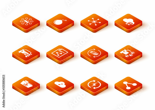 Set Folder upload, Music streaming service, Car sharing, Share file, Recharging and Refund money icon. Vector