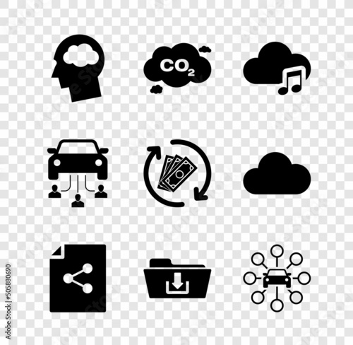 Set Head silhouette with cloud, CO2 emissions in, Music streaming service, Share file, Folder download and Car sharing icon. Vector