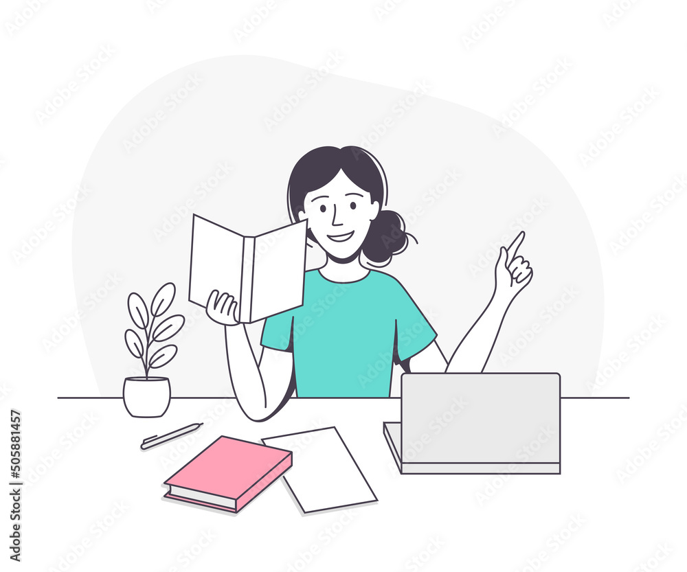 Smiling Girl School Pupil Doing Homework Sitting at Desk Studying with Laptop and Book Vector Illustration Smiling Girl School Pupil Doing Homework Sitting at Desk Studying with Laptop and Book Vector Illustration