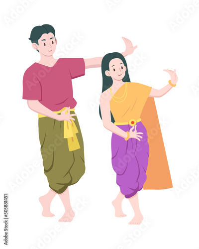 Flat style couple perform Thai folk dance cartoon illustration
