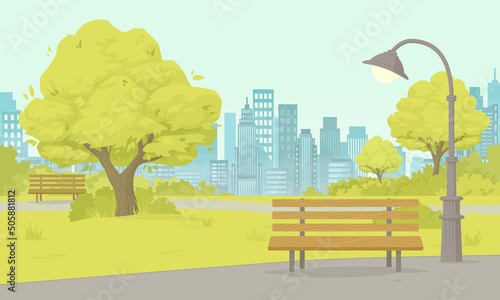 Fototapeta Naklejka Na Ścianę i Meble -  Summer day in the public park. Wooden bench with lush green trees and bushes. Cityscape in the background. Vector illustration. Cartoon style.