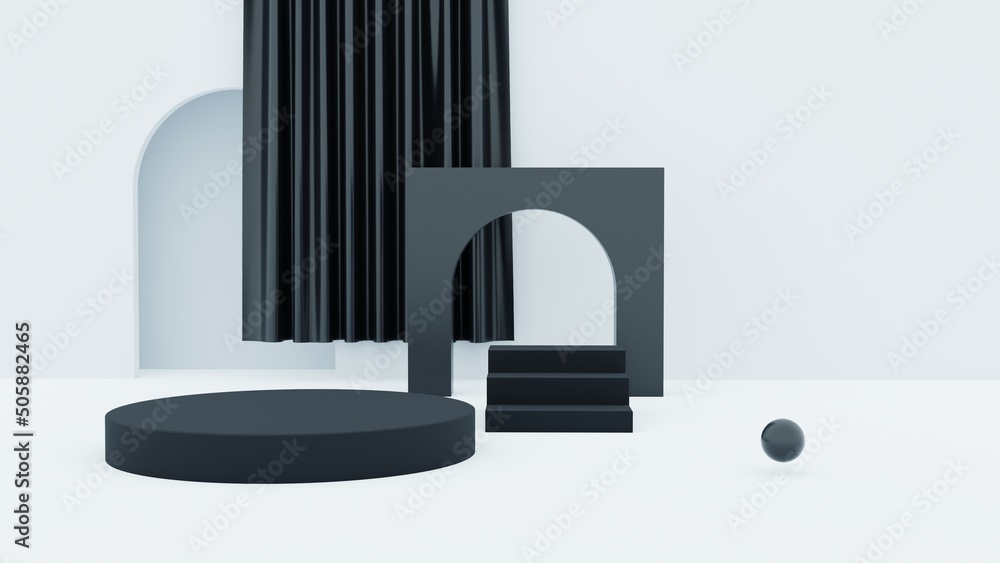 Abstract 3d shape for advertising products display with copy space. Modern white and black round podium with white empty room and spot light background. Minimal studio room concept. 3d render Abstract 3d shape for advertising products display with copy space. Modern white and black round podium with white empty room and spot light background. Minimal studio room concept. 3d render